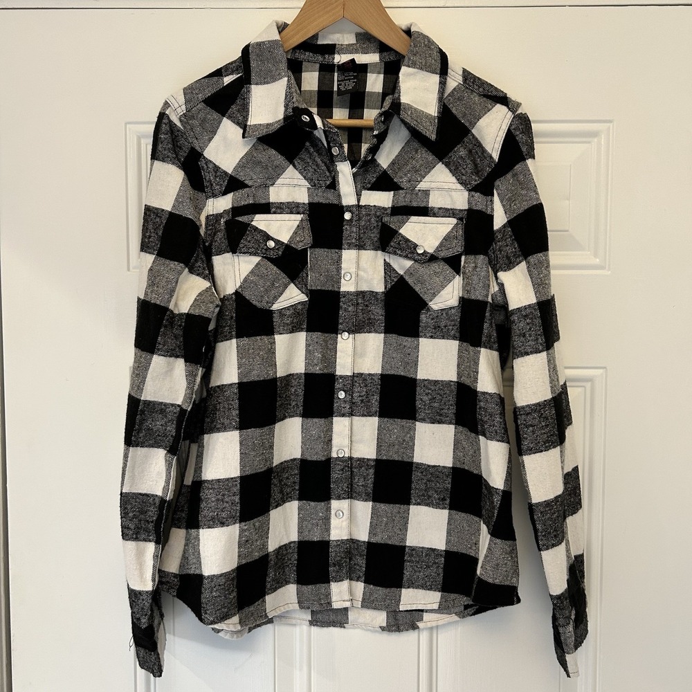 Urban Groove Buffalo Plaid Flannel Shirt Western Pearl Snap Black White Sz Large